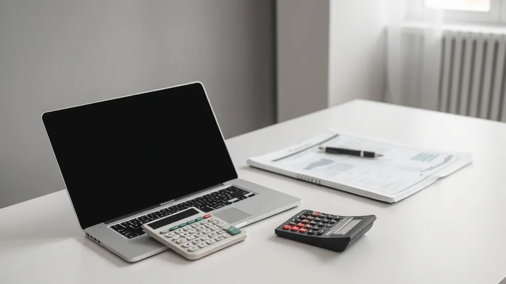 Professional office desk with calculator, tax documents, and