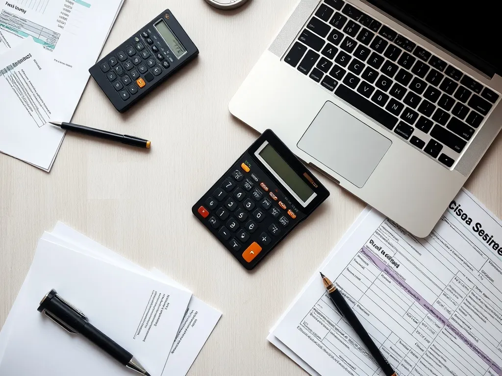 A professional office desk with a calculator, tax documents,